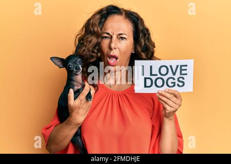 hispanische Frau mittleren Alters, die chihuahua Hund und Papier mit ich liebe Hunde Phrase im Schockgesicht hält, skeptisch und sarkastisch aussieht, überrascht mit offen Stockfoto