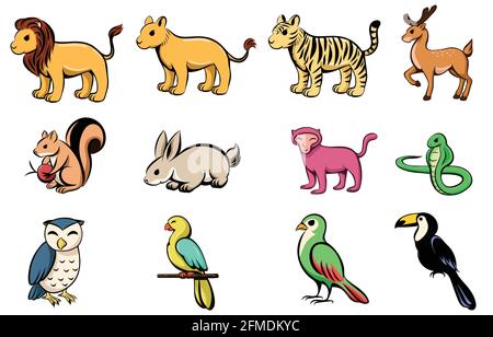Vektor-Illustration Cartoon von zwölf verschiedenen wilden Tieren mit Löwen tiger Hirsch Eichhörnchen Kaninchen Affen Schlange Eule Papagei Vogel und Hornbill Stock Vektor