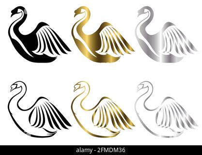 Satz von sechs Vektorbildern verschiedener Schwanensymbole dort Sind drei Farben schwarz Gold Silber gute Verwendung für Symbol Maskottchen Icon Avatar und Logo Stock Vektor