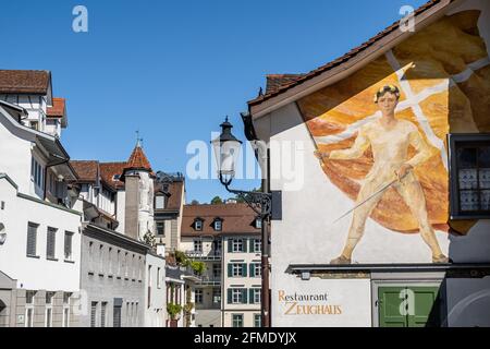 SANKT GALLEN, SCHWEIZ - 7. MAI 2020: St. Gallen ist eine Stadt südlich des Bodensees im Nordosten der Schweiz. Altstadt Stockfoto