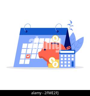 Finanzverwaltungskonzept mit Sparschwein, Münzen, Rechner. Moderne Vektordarstellung im flachen Stil für Landing Page, mobile App, Poster, BA Stock Vektor