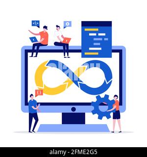 Programmierer bei der Arbeit Konzept mit Charakteren. Moderne Vektordarstellung im flachen Stil für Landing Page, mobile App, Poster, Flyer, Vorlage, Web banne Stock Vektor