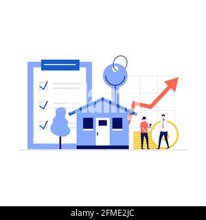 Hypothekenkonzept. Hauskredit oder Geldanlage in Immobilien. Mann, der Haus kauft und sich die Hände mit dem Immobilienmakler schüttelt. Moderne Illustration in flacher Form Stock Vektor