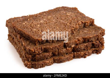 Drei Scheiben deutsches Gesundheitsbrot mit Sonnenblumenkernen isoliert auf Weiß. Eine Hälfte gegessen. Stockfoto