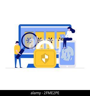Cyber Security Vektor Illustration Konzept mit Zeichen. Datensicherheit, geschützte Zugriffskontrolle, Datenschutz. Moderner flacher Stil für La Stock Vektor