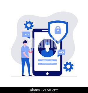 Cyber Security Vektor Illustration Konzept mit Zeichen. Datensicherheit, geschützte Zugriffskontrolle, Datenschutz. Moderner flacher Stil für La Stock Vektor