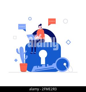 Cyber Security Vektor Illustration Konzept mit Zeichen. Datensicherheit, geschützte Zugriffskontrolle, Datenschutz. Moderner flacher Stil für La Stock Vektor