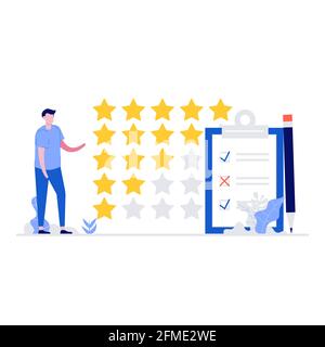 Feedback- oder Bewertungsvektor-Illustrationskonzept mit Zeichen. Kundenbewertung. Moderne Vektordarstellung im flachen Stil für Landing Page, mobile App Stock Vektor