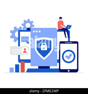 Cyber Security Vektor Illustration Konzept mit Zeichen. Datensicherheit, geschützte Zugriffskontrolle, Datenschutz. Moderner flacher Stil für La Stock Vektor