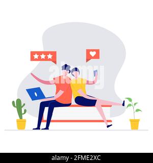 Feedback- oder Bewertungsvektor-Illustrationskonzept mit Zeichen. Kundenbewertung. Moderne Vektordarstellung im flachen Stil für Landing Page, mobile App Stock Vektor