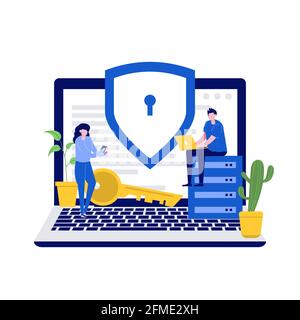Cyber Security Vektor Illustration Konzept mit Zeichen. Datensicherheit, geschützte Zugriffskontrolle, Datenschutz. Moderner flacher Stil für La Stock Vektor