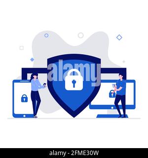 Cyber Security Vektor Illustration Konzept mit Zeichen. Datensicherheit, geschützte Zugriffskontrolle, Datenschutz. Moderner flacher Stil für La Stock Vektor