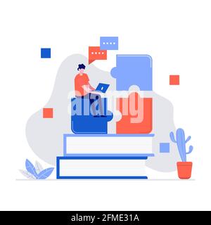 Online-Training, Bildung Vektor Illustration Konzept mit Charakteren und Puzzle. Moderne Vektordarstellung im flachen Stil für Landing Page, mobil A Stock Vektor