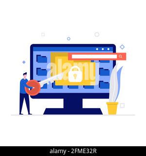 Cyber Security Vektor Illustration Konzept mit Zeichen. Datensicherheit, geschützte Zugriffskontrolle, Datenschutz. Moderner flacher Stil für La Stock Vektor