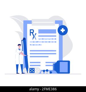 Apotheke und Gesundheitswesen Vektor Illustration Konzept mit Zeichen. Arzt füllt medizinisches Rx-Verordnungsformular aus. Moderner flacher Landestil Stock Vektor