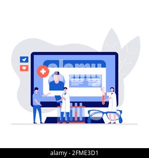 Vektordarstellung im Gesundheitswesen Konzept mit Zeichen. Arzt, der mit Versicherungskarte in der Nähe eines Laptops steht, und medizinisches Personal überprüfen den Gesundheitszustand des Patienten. Modern Stock Vektor