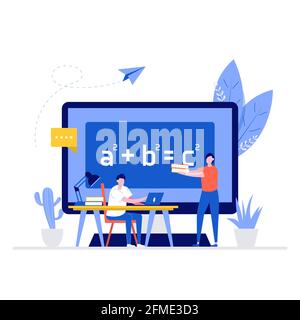 Online-Bildung Vektor Illustration Konzept mit Zeichen. Schüler lernen zu Hause, sitzen am Schreibtisch, schauen auf den Laptop, studieren mit Übung Stock Vektor