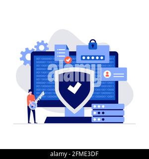 Cyber Security Vektor Illustration Konzept mit Zeichen. Moderner flacher Stil für Landing Page, mobile App, Poster, Flyer, Vorlage, Webbanner, Infog Stock Vektor