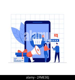 Online-Shopping Vektor Illustration Konzept mit Zeichen. Moderner flacher Stil für Landing Page, mobile App, Poster, Flyer, Vorlage, Webbanner, Info Stock Vektor