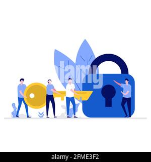 Vektordarstellung für Geschäftslösungen mit Zeichen. Das Geschäftsteam arbeitet zusammen, um einen großen Schlüssel zu halten und das Schloss zu entriegeln. Moderne Wohnung Stock Vektor