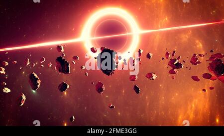 Supermassives schwarzes Loch. Ereignishorizont. Der Aeroid und die Trümmer im Weltraum. Ein Planet wird von einem Planeten umkreigelt. 3d-Rendering Stockfoto