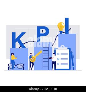 KPI, Key Performance Indicator Vector Illustration Konzept mit Zeichen. Moderner flacher Stil für Landing Page, mobile App, Poster, Flyer, Vorlage, w Stock Vektor