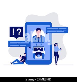 AI Chatbot Support und FAQ Vektor Illustration Konzept mit Zeichen. Kunden chatten mit bot auf dem Smartphone, stellen Fragen und erhalten Anw Stock Vektor