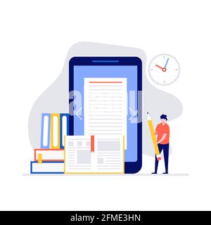 Medienbuch Bibliothek Vektor Illustration Konzept mit Zeichen. Moderner flacher Stil für Landing Page, mobile App, Poster, Flyer, Vorlage, Webbanner, i Stock Vektor