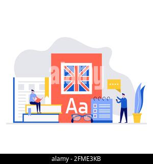 Englisch Sprache Schule Vektor Illustration Konzept mit Zeichen. Moderner flacher Stil für Landing Page, mobile App, Poster, Flyer, Vorlage, Webbann Stock Vektor