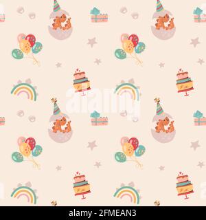 Festlicher, nahtloser Hintergrund mit einem Dinosaurier, der gerade aus einem Ei geschlüpft ist. Ballons, Kuchen, farbenfroher Regenbogen, Sterne. Fröhliches Vektor-Muster für Kinder. Stock Vektor
