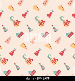 Festliches Nahtloses Muster mit Geschenken, witzigen Mützen und Schwänzen. Vektordruck auf beigem Hintergrund, Cartoon-Stil Stock Vektor