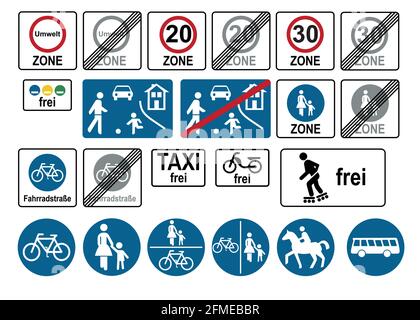 Verkehrszeichen gesetzt. Spezielle Routen, verkehrsberuhigte Zonen und Umweltzonen. Deutscher Text: Umwelt, kostenlos, Taxi, Fahradstraße, Zone. Vektor-Fil Stock Vektor