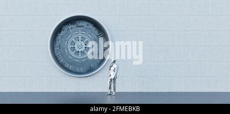 Imaginäre Metallstatue eines Mannes beobachtet eine große Eiserne Uhr. Fünf Minuten bis zwölf Hintergrundkonzept 3d Rendern 3d-Illustration Stockfoto