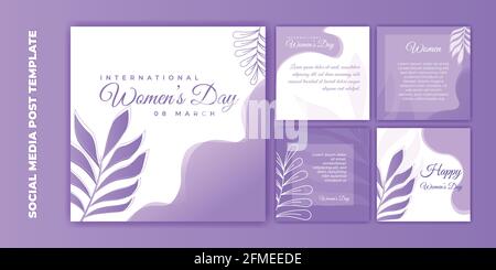 Vorlage für Social Media-Beiträge. Bannerdesign für den internationalen Frauentag. Set von Social-Media-Vorlage mit violettem femininem Design. Gute Vorlage für onlin Stock Vektor