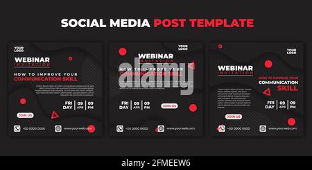 Vorlage für Social Media-Beiträge. Set von Social Media dunkel Flüssigkeit Konzept Design. Webinar Einladungsbanner mit rot und weiß leuchtenden Farben im Dunkeln. Gute Template Stock Vektor
