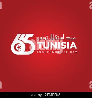 65. Tunisia Independence Day Design. Typografie Nummer von 65. Arabischer Text bedeutet Tunesien Unabhängigkeitstag. Stock Vektor