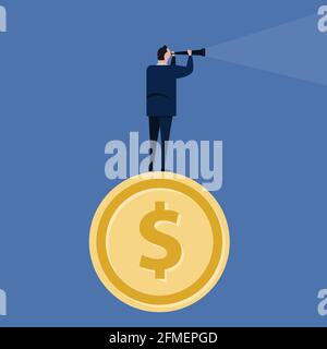Visionärer Marktführer bei der Suche nach der Zukunft des Unternehmens durch das Teleskop Stehen bei Geld Münze suchen Gelegenheit Stock Vektor
