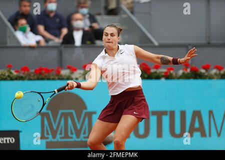 Madrid, Spanien. Mai 2021. Aryna Sabalenka (BLR) Tennis : Aryna Sabalenka aus Weißrussland beim Einzelfinalspiel gegen Ashleigh Barty aus Australien beim WTA 1000 'Mutua Madrid Open Tennis Turnier' beim Caja Magica in Madrid, Spanien. Quelle: Mutsu Kawamori/AFLO/Alamy Live News Stockfoto