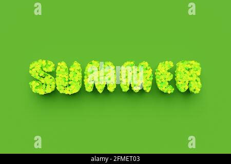 3d-Abbildung Helle Inschrift SOMMER aus grünen Blumen auf einem grünen isolierten Hintergrund. Mode-, Beauty- und Kosmetikförderung. Modischer Sale Stockfoto