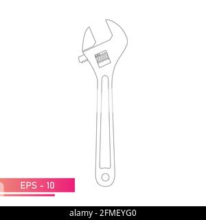 Gleitschlüssel in Konturausführung, Symbol. Verstellbarer Schraubenschlüssel. Isoliert auf weißem Hintergrund. Flache Vektorgrafik. Stock Vektor