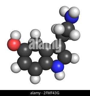 Serotonin Neurotransmitter Molekül 3D Rendern chemische Struktur Stockfoto