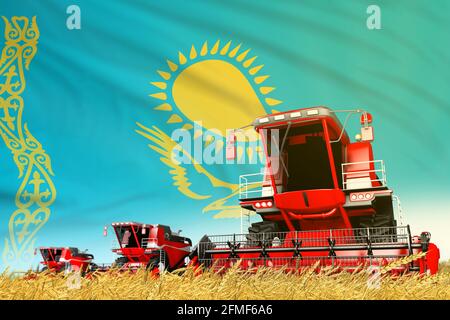 Red Farm landwirtschaftlichen Mähdrescher auf Feld mit Kasachstan Flagge Hintergrund, Lebensmittelindustrie Konzept - industrielle 3D-Illustration Stockfoto