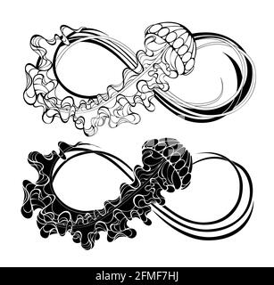 Zwei Kontur-Unendlichkeits-Symbole mit schwarzer Qualle, verziert mit langen Tentakeln auf weißem Hintergrund. Silhouette Quallen. Stock Vektor