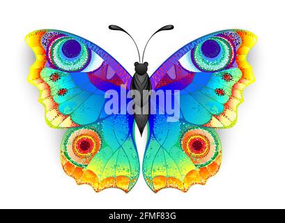 Regenbogen, realistisch, künstlerisch gezeichnet, helle Farben Pfau Schmetterling mit strukturierten detaillierten Flügeln auf weißem Hintergrund. Regenbogenschmetterling. Stock Vektor