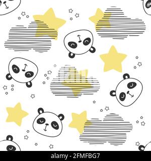 Der übertappte Panda trägt ein nahtloses Muster. Print-Design mit Sternen und Wolken in schwarz-weiß für Kinder und Babys. Stock Vektor