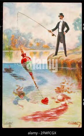 William Henry Ellam Postkartenmotiv mit dem Titel The Gentle Art of Angling. Gentleman Figur mit einem Herz als Köder, um ein faires Mädchen oder zwei-skurrile fangen. Stockfoto