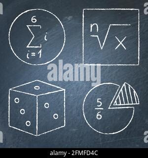 Mathematische Symbole werden in Linienform auf dem Schwarzen Brett eingestellt. Kräfte und Wurzeln, Sequenzen, Wahrscheinlichkeit und Bruch. Vektorgrafik. Stock Vektor