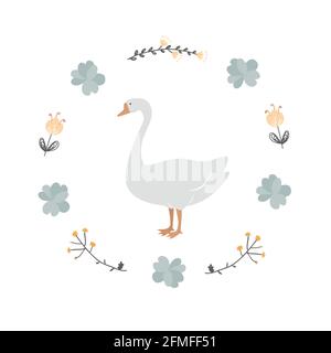 Vintage Blumenkranz Rahmen mit weißer Gans, Vektor-Cartoon-Illustration Stock Vektor