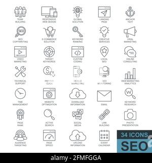 Suchmaschinenoptimierung. Dünne Linien, Glyphen, gefüllte Web-Symbol-Sammlung. Einfache Vektordarstellung. Stock Vektor
