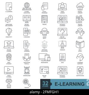 E Learning Online-Bildung Elemente minimal dünne Linie, solide, Glyphe, gefüllt, Farbe wir -icon set umreißen Symbole Sammlung Stock Vektor